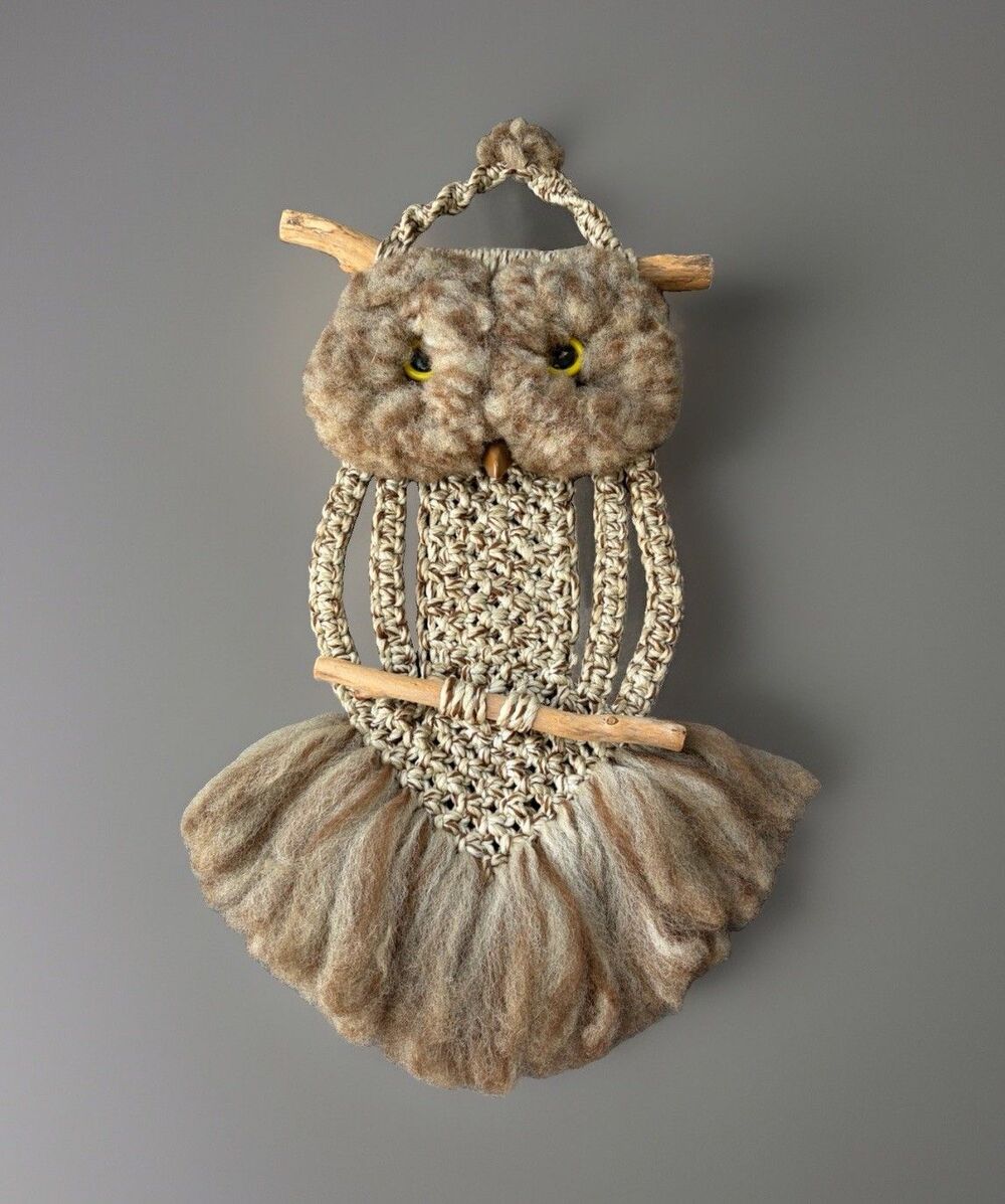 Vtg 1970s Macrame Owl Wall Hanging Boho Jute Fiber Art Fluffy Wool Branch MCM 75
